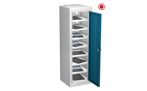 1 Door - 8 Shelf Tablet USB Charging low locker - FLAT TOP - White Body / Blue Doors - H1000 x W305 x D370 mm - CAM Lock