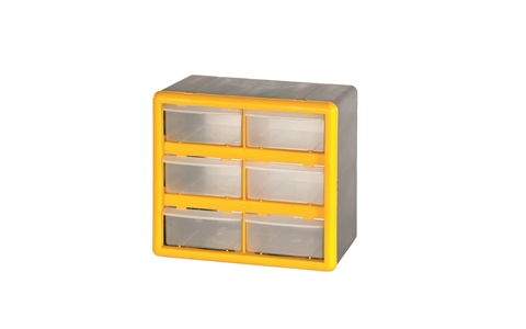 6 (Large) Drawer Economy Clear Plastic Cabinets - H235mm x W265mm x D160mm - Weight: 0.9kg - Yellow & Grey