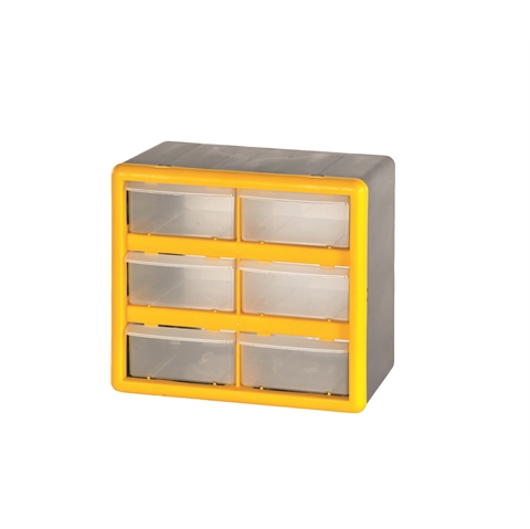 6 (Large) Drawer Economy Clear Plastic Cabinets - H235mm x W265mm x D160mm - Weight: 0.9kg - Yellow & Grey
