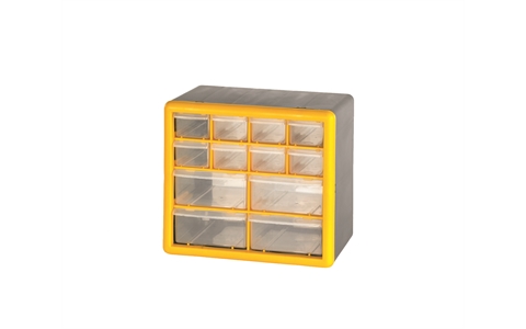 12 (8 Small & 4 Large) Drawer Economy Clear Plastic Cabinets - H235mm x W265mm x D160mm - Weight: 1kg - Yellow & Grey