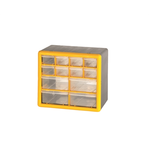 12 (8 Small & 4 Large) Drawer Economy Clear Plastic Cabinets - H235mm x W265mm x D160mm - Weight: 1kg - Yellow & Grey