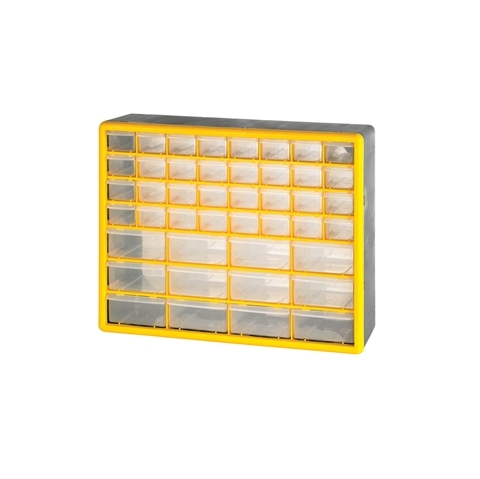 44 (32 Small & 12 Large) Drawer Economy Clear Plastic Cabinets - H390mm x W500mm x D160mm - Weight: 2.8kg - Yellow & Grey