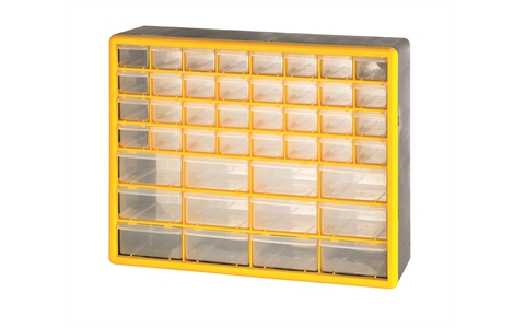 44 (32 Small & 12 Large) Drawer Economy Clear Plastic Cabinets - H390mm x W500mm x D160mm - Weight: 2.8kg - Yellow & Grey