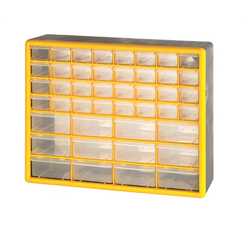 44 (32 Small & 12 Large) Drawer Economy Clear Plastic Cabinets - H390mm x W500mm x D160mm - Weight: 2.8kg - Yellow & Grey