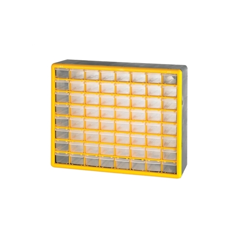 64 (Small) DrawerEconomy Clear Plastic Cabinets - H390mm x W500mm x D160mm - Weight: 3.2kg - Yellow & Grey