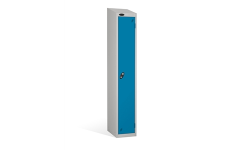 1 Door - PPE Full height steel locker - SLOPING TOP - Silver Grey Body / Blue Doors - H1930 x W305 x D305 mm - CAM Lock