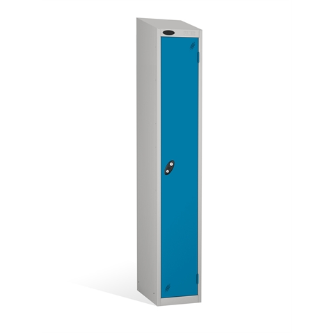1 Door - PPE Full height steel locker - SLOPING TOP - Silver Grey Body / Blue Doors - H1930 x W305 x D305 mm - CAM Lock