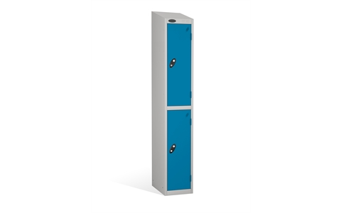 2 Door - PPE Full height steel locker - SLOPING TOP - Silver Grey Body / Blue Doors - H1930 x W305 x D305 mm - CAM Lock