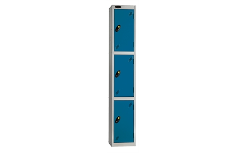3 Door - PPE Full height steel locker - FLAT TOP - Silver Grey Body / Blue Doors - H1780 x W305 x D305 mm - CAM Lock