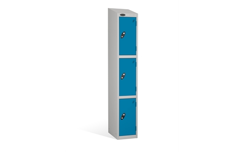 3 Door - PPE Full height steel locker - SLOPING TOP - Silver Grey Body / Blue Doors - H1930 x W305 x D305 mm - CAM Lock