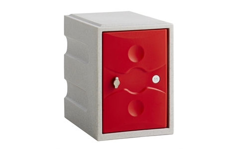 1 Door - MINI Plastic Locker  - Light Grey Body / Red Doors  - H450 x W325 x D450mm - CAM Lock