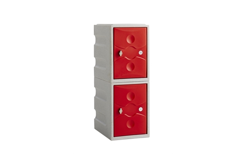 2 Door - MINI Plastic Locker  - Light Grey Body / Red Doors  - H900 x W325 x D450mm - CAM Lock