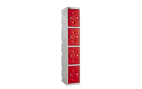 4 Door - Full Height Plastic Locker - Light Grey Body / Red Doors  - H1800 x W325 x D450 - CAM Lock