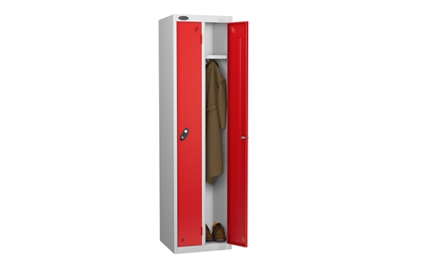 2 Door - Twin steel locker - FLAT TOP - Silver Grey Body / Red Door - H1780 x W460 x D460 mm - CAM Lock