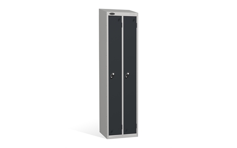 2 Door - Twin steel locker - SLOPING TOP - Silver Grey Body / Black Door - H1930 x W460 x D460 mm - CAM Lock