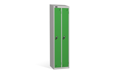 2 Door - Twin steel locker - SLOPING TOP - Silver Grey Body / Green Door - H1930 x W460 x D460 mm - CAM Lock