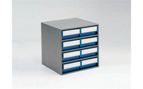 8 Bins 400mm Storage Bin Cabinet - Red Bins - Overall Size  H395mm x W400mm x D400mm