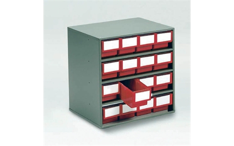 16 Bins 300mm Storage Bin Cabinet - Red Bins - Overall Size  H395mm x W400mm x D300mm