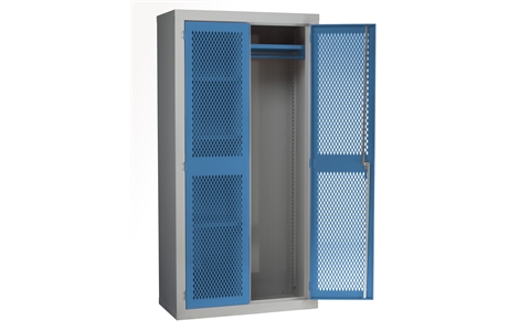 Split Mesh Door Cabinet - with 3 adjustable shelves on one side and hanging rail on opposite side - H1830mm x W915mm x D457mm - Blue
