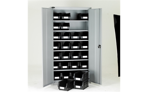 Full Height Steel Cabinet with Black Linbins - H1780mm x W915mm x D460mm - Grey Doors -  6 Shelves - with 28 x size 7 Linbins