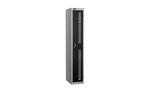 1 Door - Vision Panel door steel locker - FLAT TOP - Silver Grey Body / Black Doors - H1780 x W305 x D305 mm - CAM Lock
