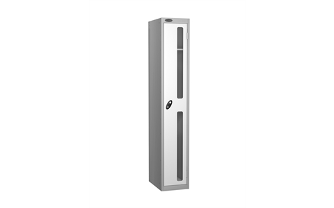 1 Door - Vision Panel door steel locker - FLAT TOP - Silver Grey Body / White Doors - H1780 x W305 x D305 mm - CAM Lock