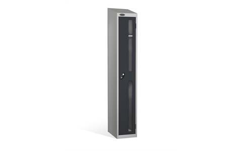1 Door - Vision Panel door steel locker - SLOPING TOP - Silver Grey Body / Black Doors - H1930 x W305 x D305 mm - CAM Lock