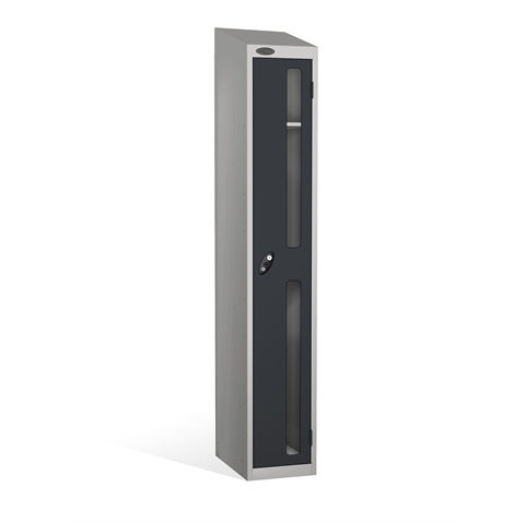 1 Door - Vision Panel door steel locker - SLOPING TOP - Silver Grey Body / Black Doors - H1930 x W305 x D305 mm - CAM Lock