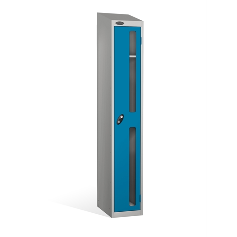 1 Door - Vision Panel door steel locker - SLOPING TOP - Silver Grey Body / Blue Doors - H1930 x W305 x D305 mm - CAM Lock