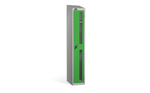 1 Door - Vision Panel door steel locker - SLOPING TOP - Silver Grey Body / Green Doors - H1930 x W305 x D305 mm - CAM Lock