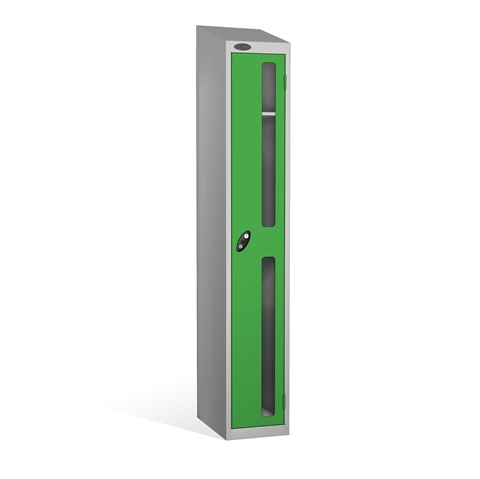 1 Door - Vision Panel door steel locker - SLOPING TOP - Silver Grey Body / Green Doors - H1930 x W305 x D305 mm - CAM Lock