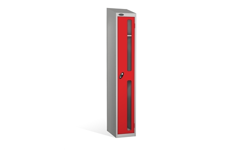 1 Door - Vision Panel door steel locker - SLOPING TOP - Silver Grey Body / Red Doors - H1930 x W305 x D305 mm - CAM Lock