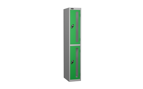 2 Door - Vision Panel door steel locker - FLAT TOP - Silver Grey Body / Green Doors - H1780 x W305 x D305 mm - CAM Lock