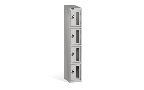 4 Door - Vision Panel door steel locker - SLOPING TOP - Silver Grey Body / Silver Grey Doors - H1930 x W305 x D305 mm - CAM Lock