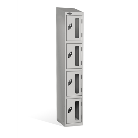 4 Door - Vision Panel door steel locker - SLOPING TOP - Silver Grey Body / Silver Grey Doors - H1930 x W305 x D305 mm - CAM Lock
