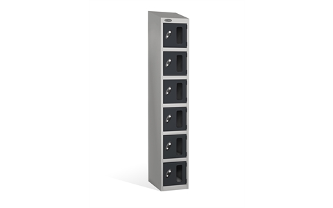 6 Door - Vision Panel door steel locker - SLOPING TOP - Silver Grey Body / Black Doors - H1930 x W305 x D305 mm - CAM Lock
