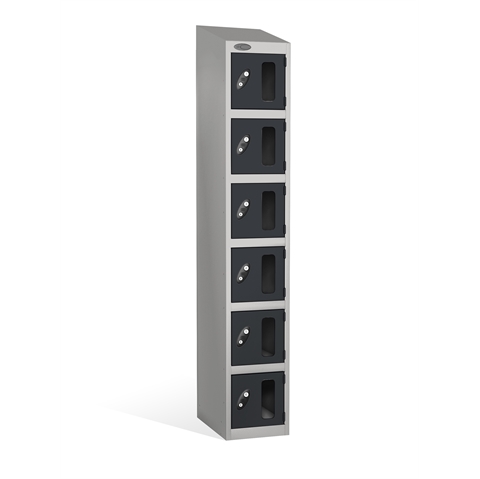 6 Door - Vision Panel door steel locker - SLOPING TOP - Silver Grey Body / Black Doors - H1930 x W305 x D305 mm - CAM Lock