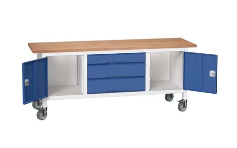 Verso mobile storage bench 2000mm x 600mm x 830mm with mpx worktop - Grey & Blue