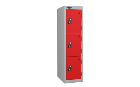 3 Door - Low steel locker - FLAT TOP - Silver Grey Body / Red Doors - H1210x W305 x D460 mm - CAM Lock