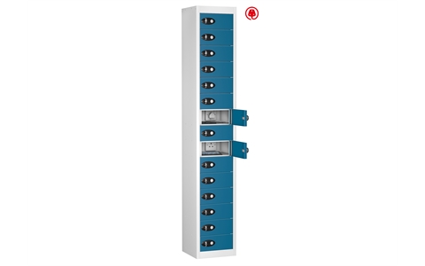 15 Door - Tablet Charging locker - FLAT TOP - White Body / Blue Doors - H1780 x W305 x D370 mm - CAM Lock