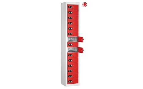 15 Door - Tablet Charging locker - FLAT TOP - White Body / Red Doors - H1780 x W305 x D370 mm - CAM Lock