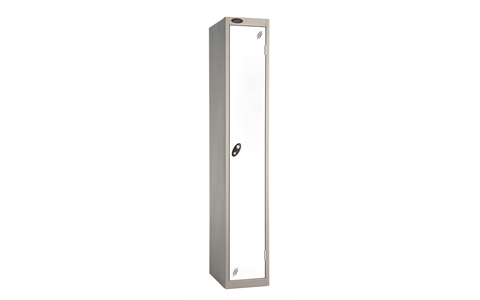 1 Door - Full height steel locker - FLAT TOP - Silver Grey Body / White Doors - H1780 x W305 x D305 mm - CAM Lock