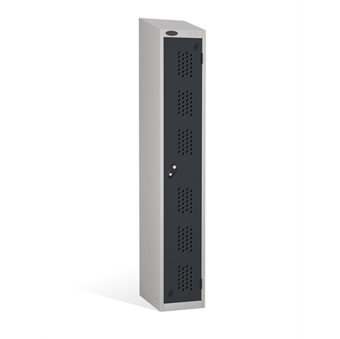 1 Door - Full height steel locker - SLOPING TOP - PERFORATED DOORS - Silver Grey Body / Black Doors - H1930 x W305 x D305 mm - CAM Lock
