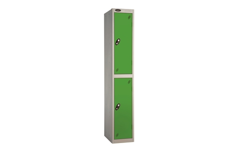2 Door - Full height steel locker - FLAT TOP - Silver Grey Body / Green Doors - H1780 x W305 x D305 mm - CAM Lock