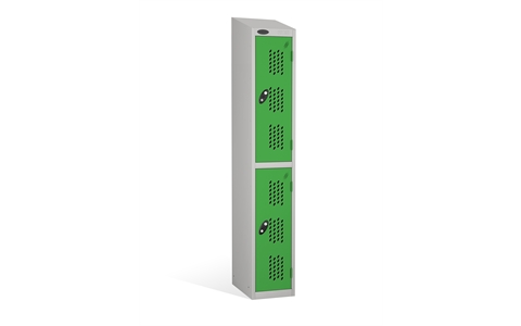 2 Door - Full height steel locker - SLOPING TOP - PERFORATED DOORS - Silver Grey Body / Green Doors - H1930x W305 x D305 mm - CAM Lock