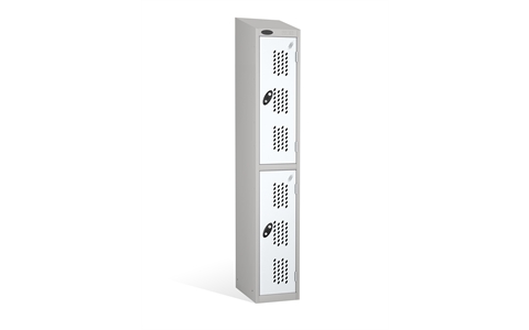 2 Door - Full height steel locker - SLOPING TOP - PERFORATED DOORS - Silver Grey Body / White Doors - H1930 x W305 x D305 mm - CAM Lock
