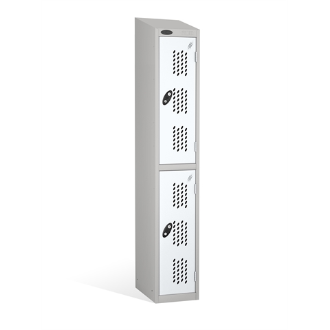 2 Door - Full height steel locker - SLOPING TOP - PERFORATED DOORS - Silver Grey Body / White Doors - H1930 x W305 x D305 mm - CAM Lock