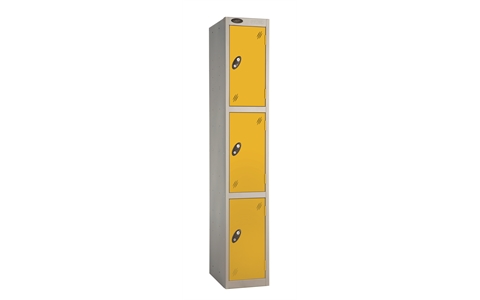 3 Door- Full height steel locker - FLAT TOP - Silver Grey Body / Yellow Doors - H1780 x W305 x D305 mm - CAM Lock