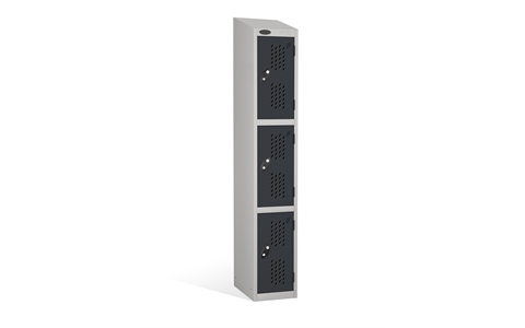 3 Door - Full height steel locker - SLOPING TOP - PERFORATED DOORS - Silver Grey Body / Black Doors - H1930 x W305 x D305 mm - CAM Lock
