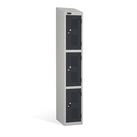 3 Door - Full height steel locker - SLOPING TOP - PERFORATED DOORS - Silver Grey Body / Black Doors - H1930 x W305 x D305 mm - CAM Lock